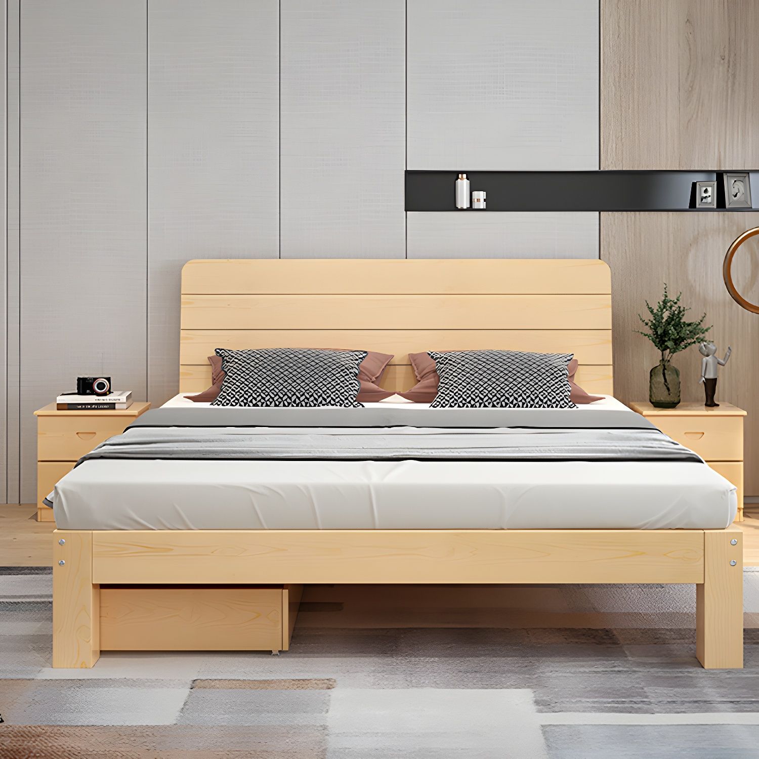 Scandinavian Solid Wood Platform Bed Frame with Headboard & Reinforced ...