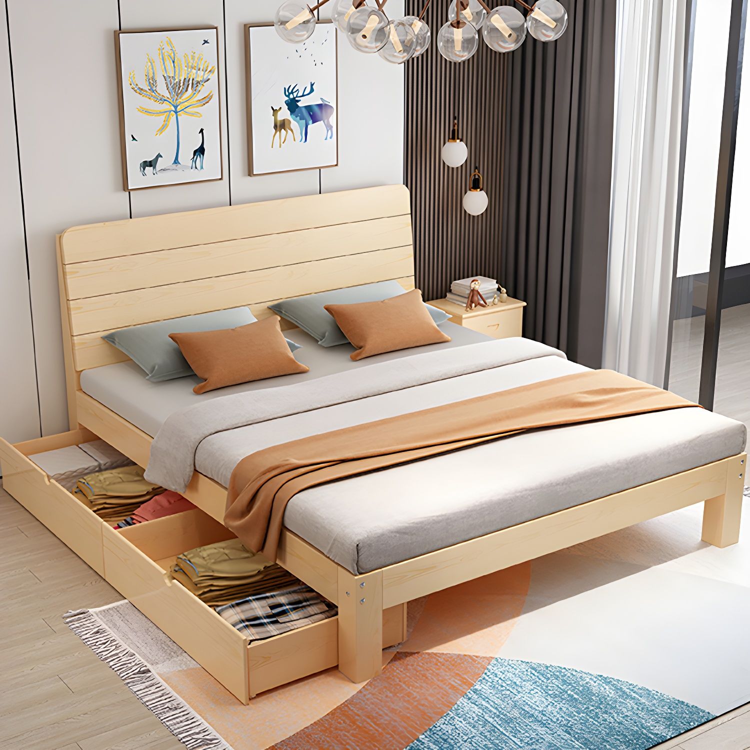 Scandinavian Solid Wood Platform Bed Frame with Headboard & Reinforced ...