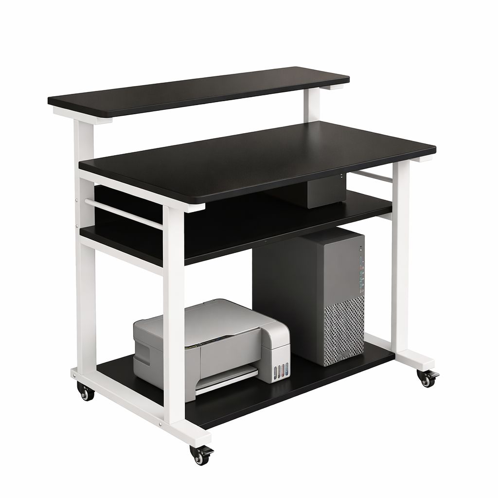 Industrial Mobile Computer Desk with Monitor Riser and Multi-Tier ...