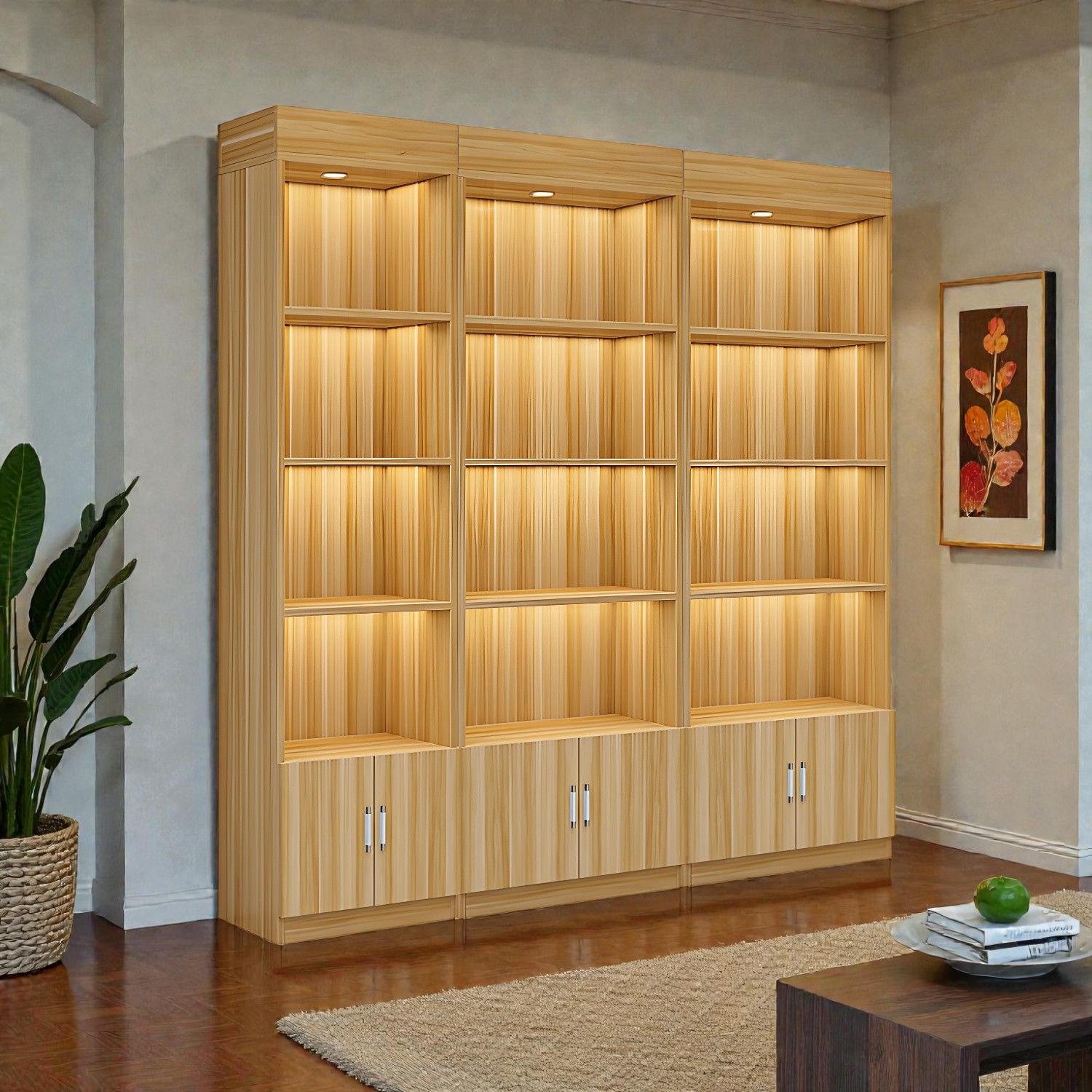Closed Display Racks Minimalist Tall Wood Display Cabinet with Closed Storage Base & Open ...