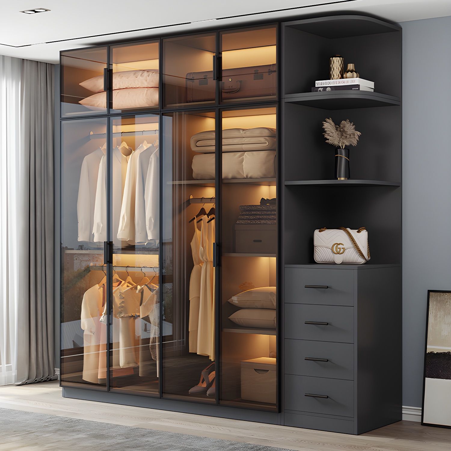 Contemporary Glass Front Wardrobe Armoire with Reinforced Aluminum