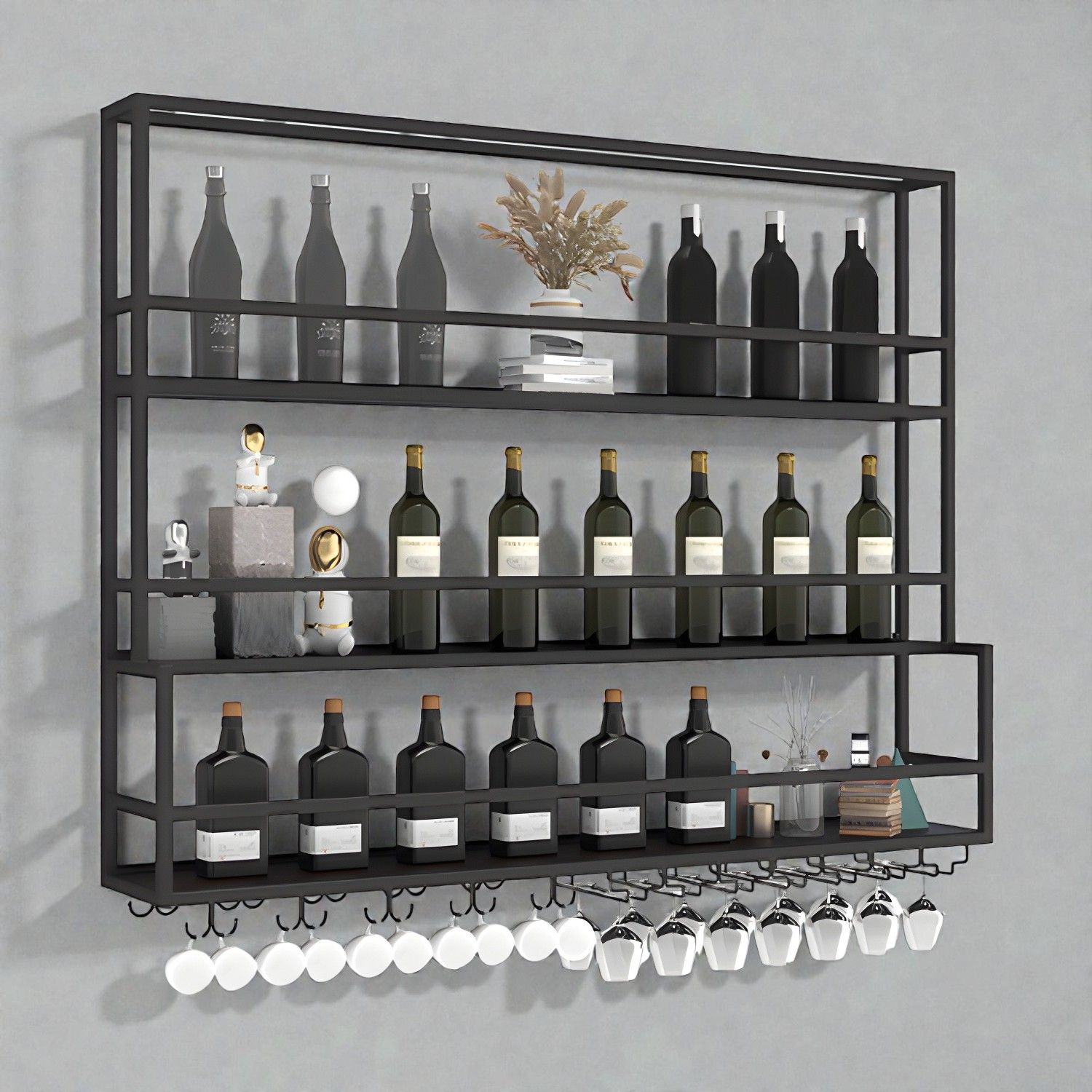 Industrial Wall Mounted Wine Rack with Floating Shelves and Stemware ...