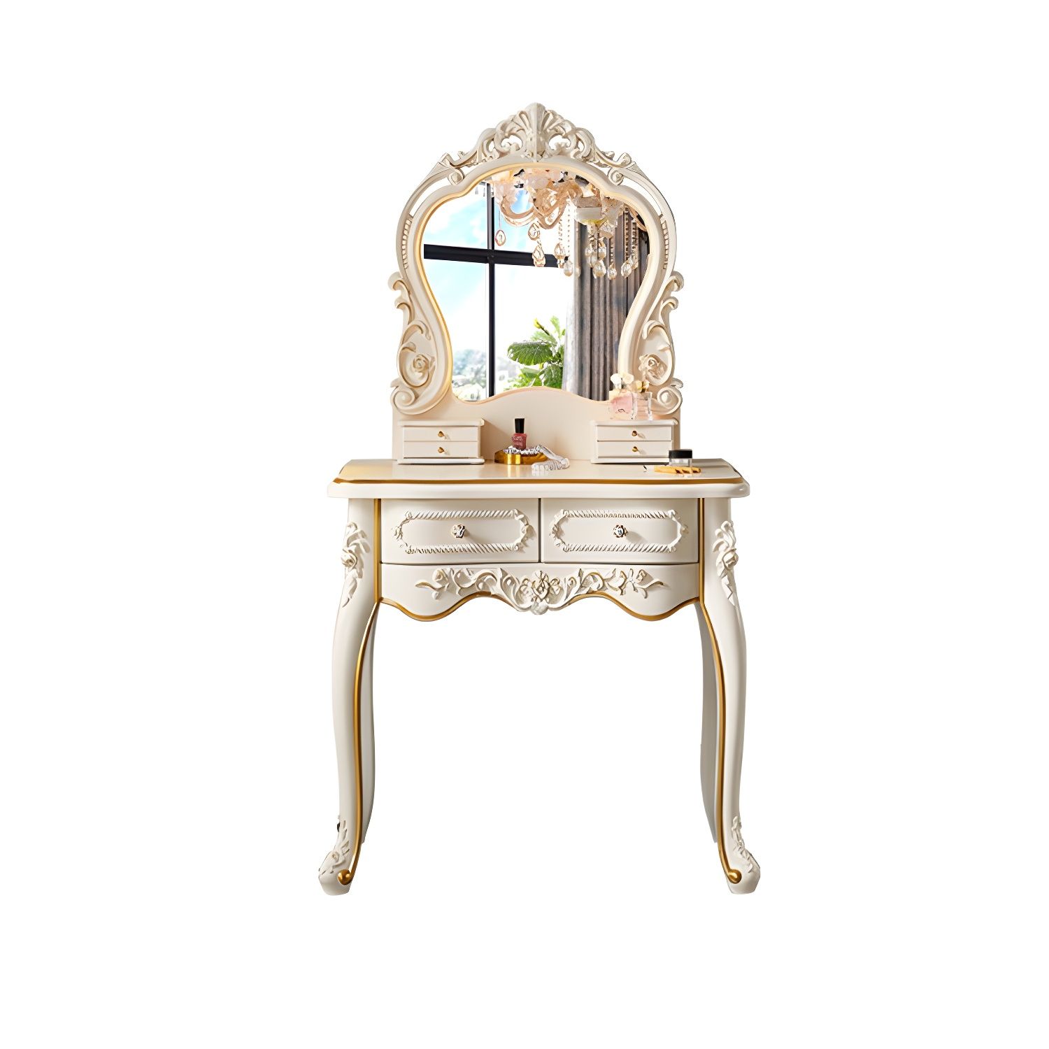 Ornate French Rococo Vanity Table with Crown Mirror and Gold Accented ...