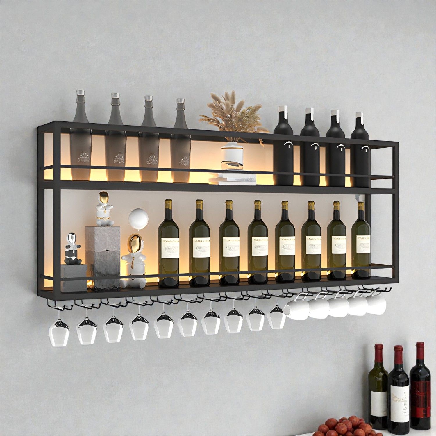Industrial Wall Mounted Wine Rack with Floating Shelves and Stemware ...