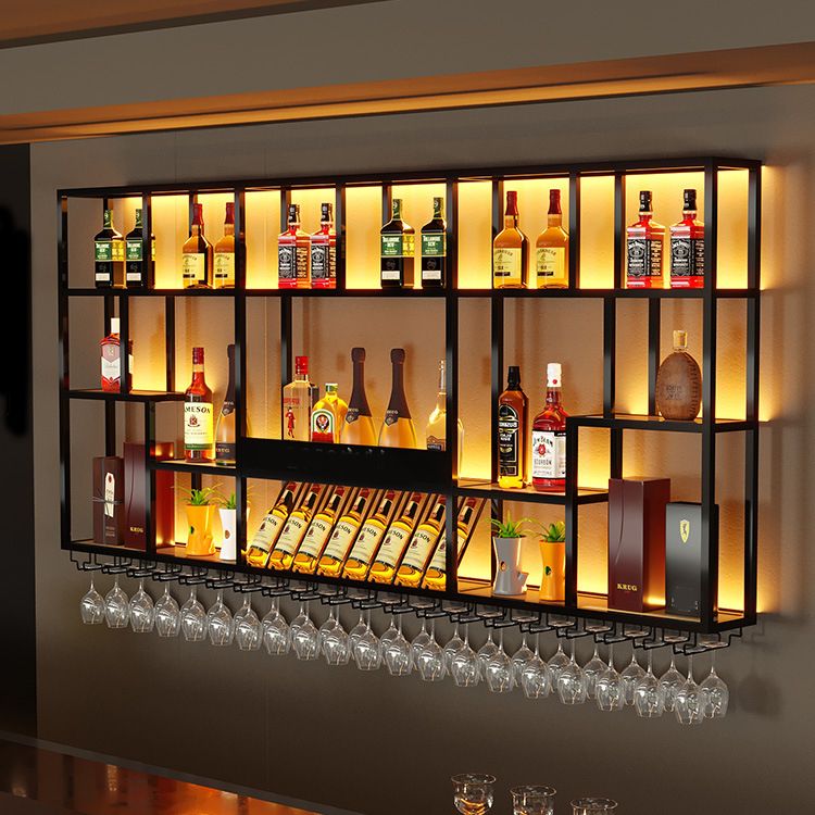 Industrial Metal Wall Wine Rack with LED Lighting & Stemware Storage ...