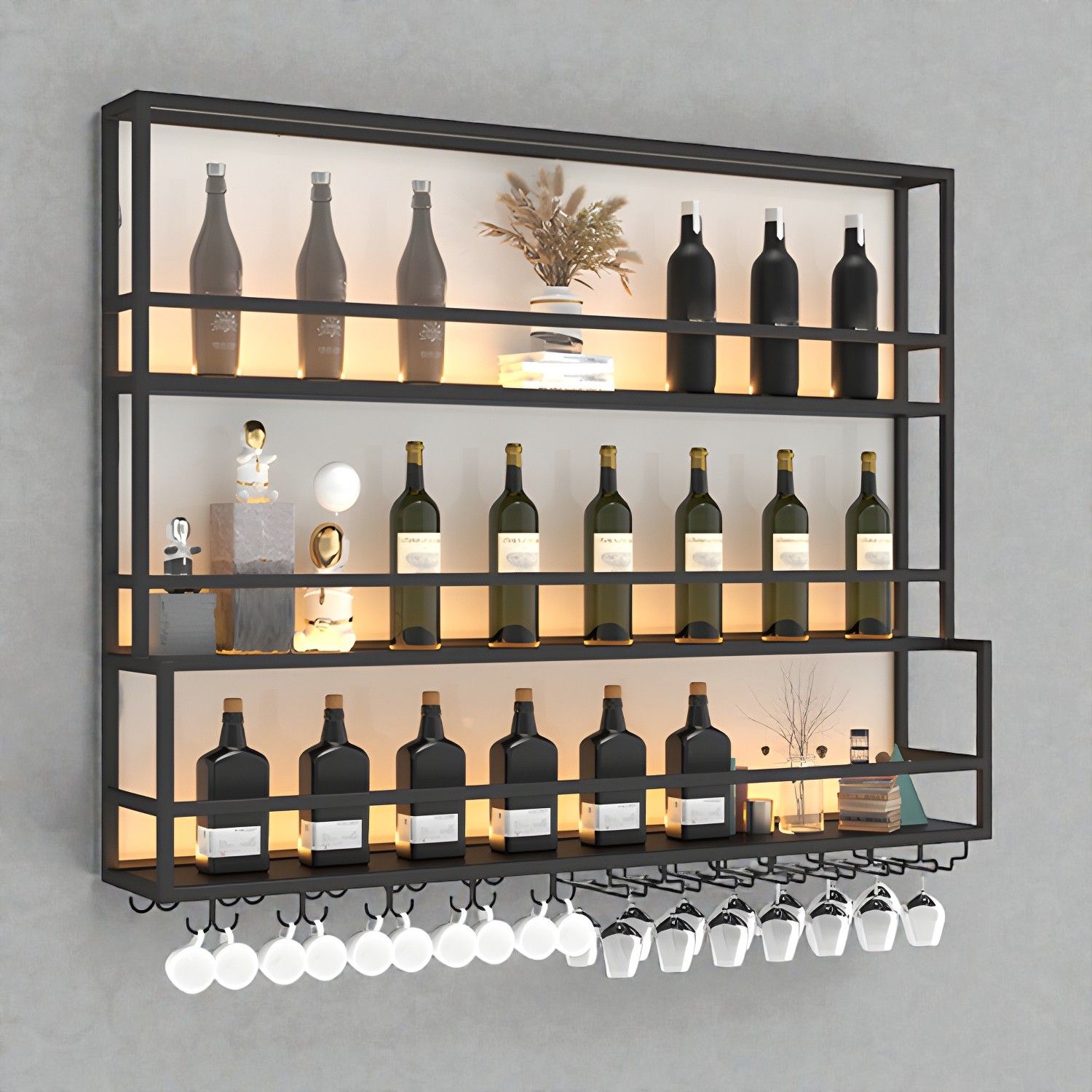 Industrial Wall Mounted Wine Rack with Floating Shelves and Stemware ...