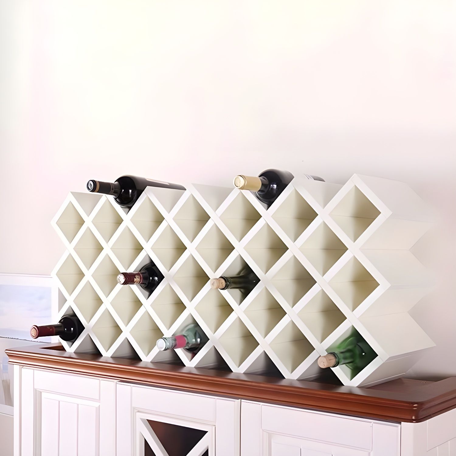 White Wibe Rack Geometric Freestanding Wine Rack – Minimalist White Lattice Organizer ...