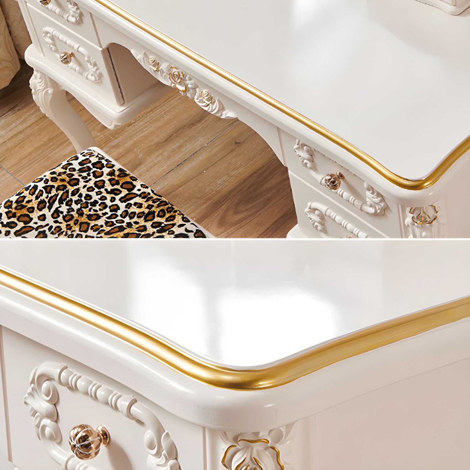 Ornate French Rococo Vanity Table with Crown Mirror and Gold Accented ...
