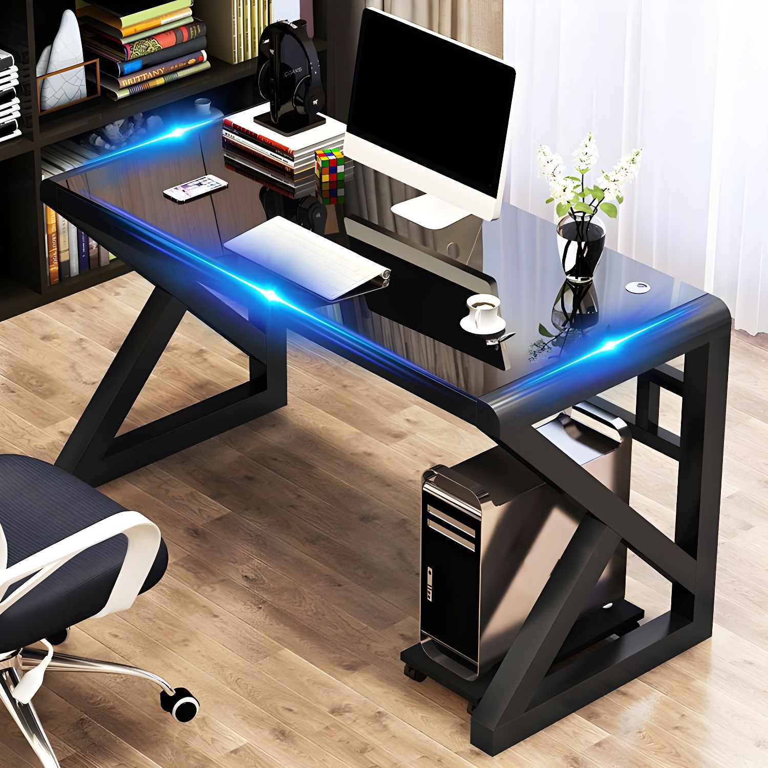 Modern Z-Frame Glass Computer Desk – Tempered Glass Top with Reinforced ...
