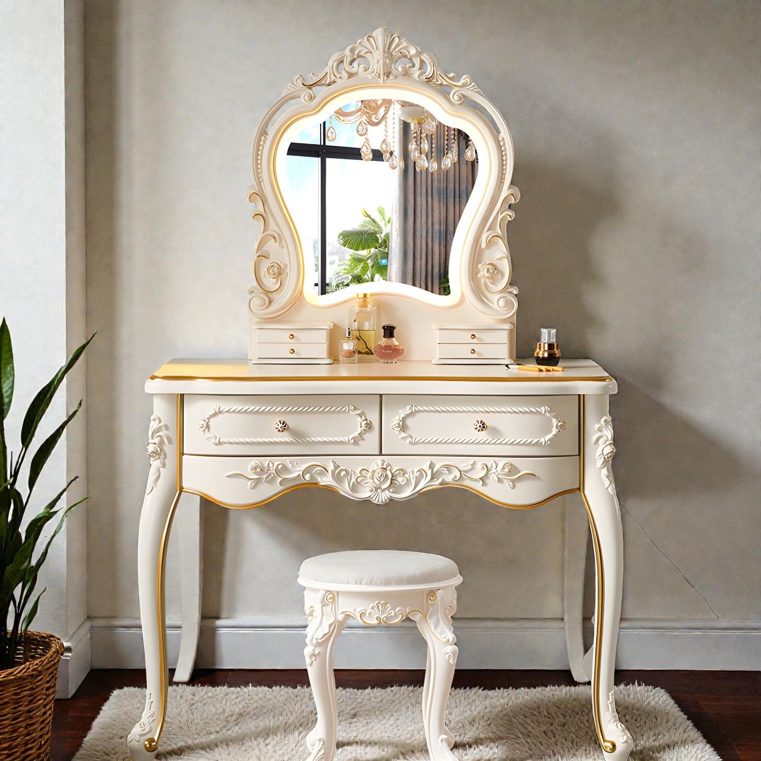 Ornate French Rococo Vanity Table with Crown Mirror and Gold Accented