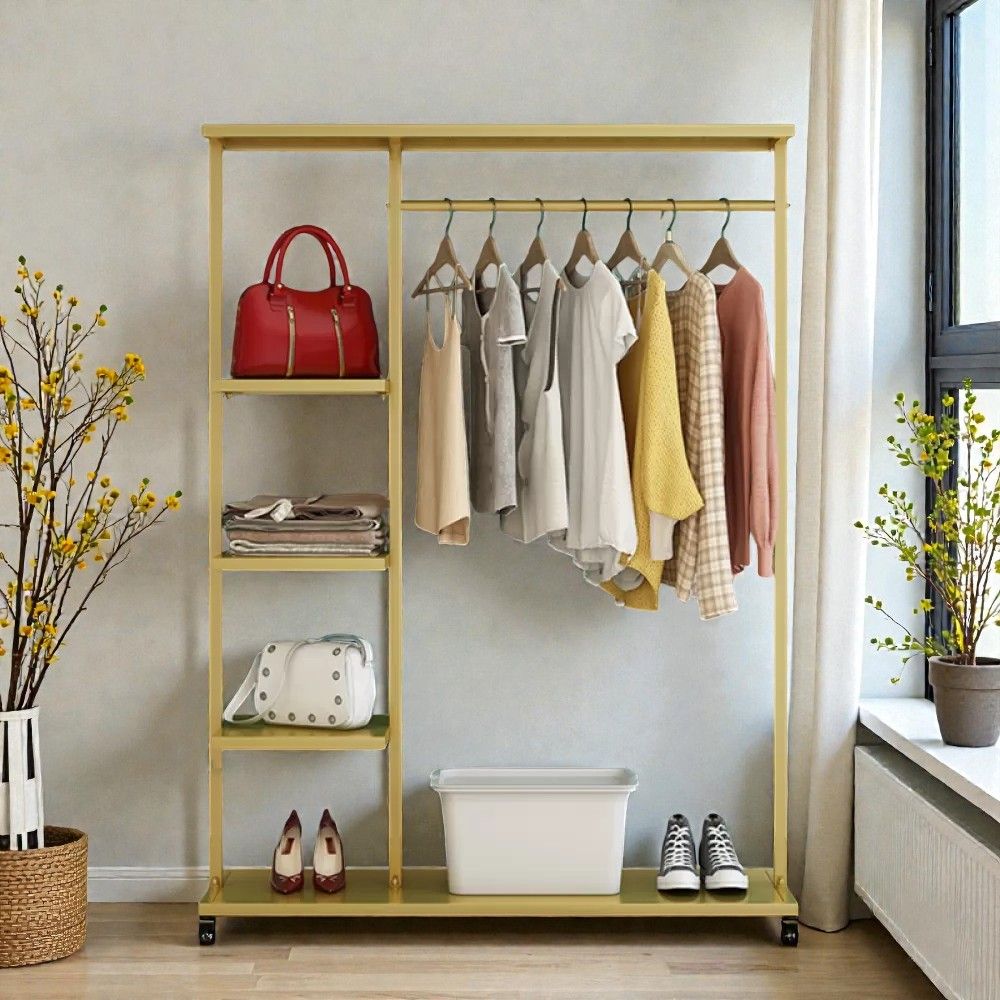 Garment Accessory Storage Luxe Industrial Metal Garment Rack with Integrated Shelving and Side ...
