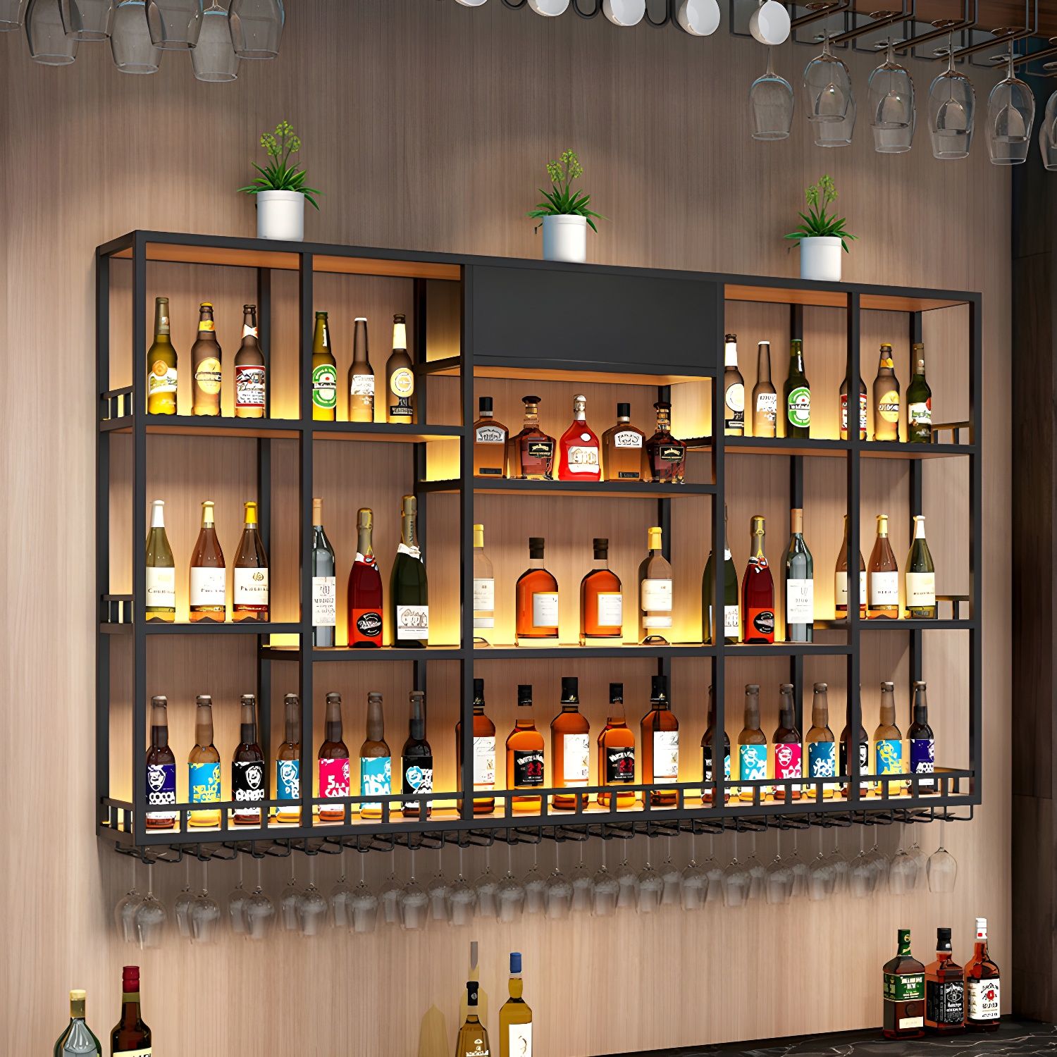 Industrial Wall Mounted Bar Shelf with Integrated LED Lighting & Glass ...