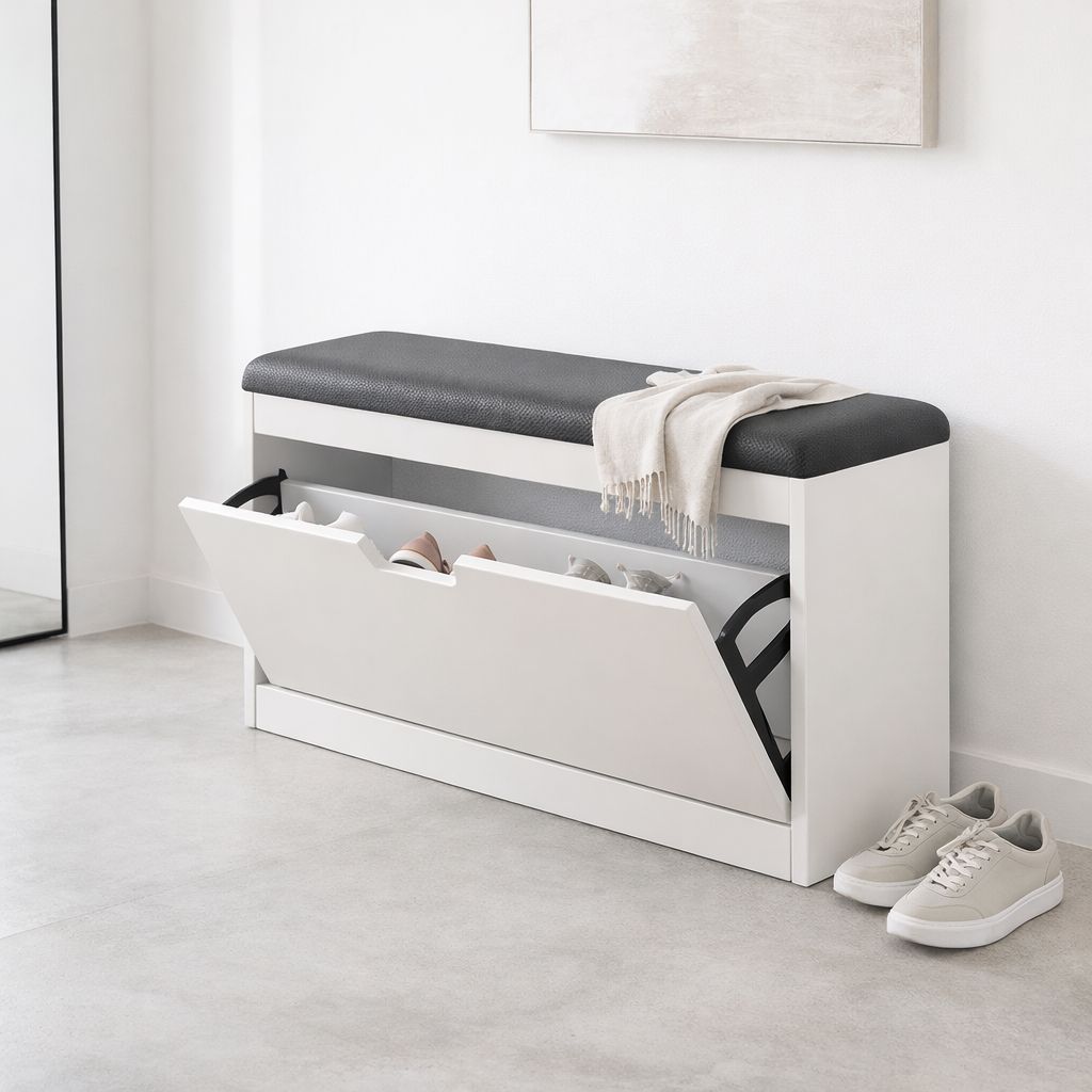 Minimalist Entryway Shoe Storage Bench with Cushion, Narrow Flip-Down ...