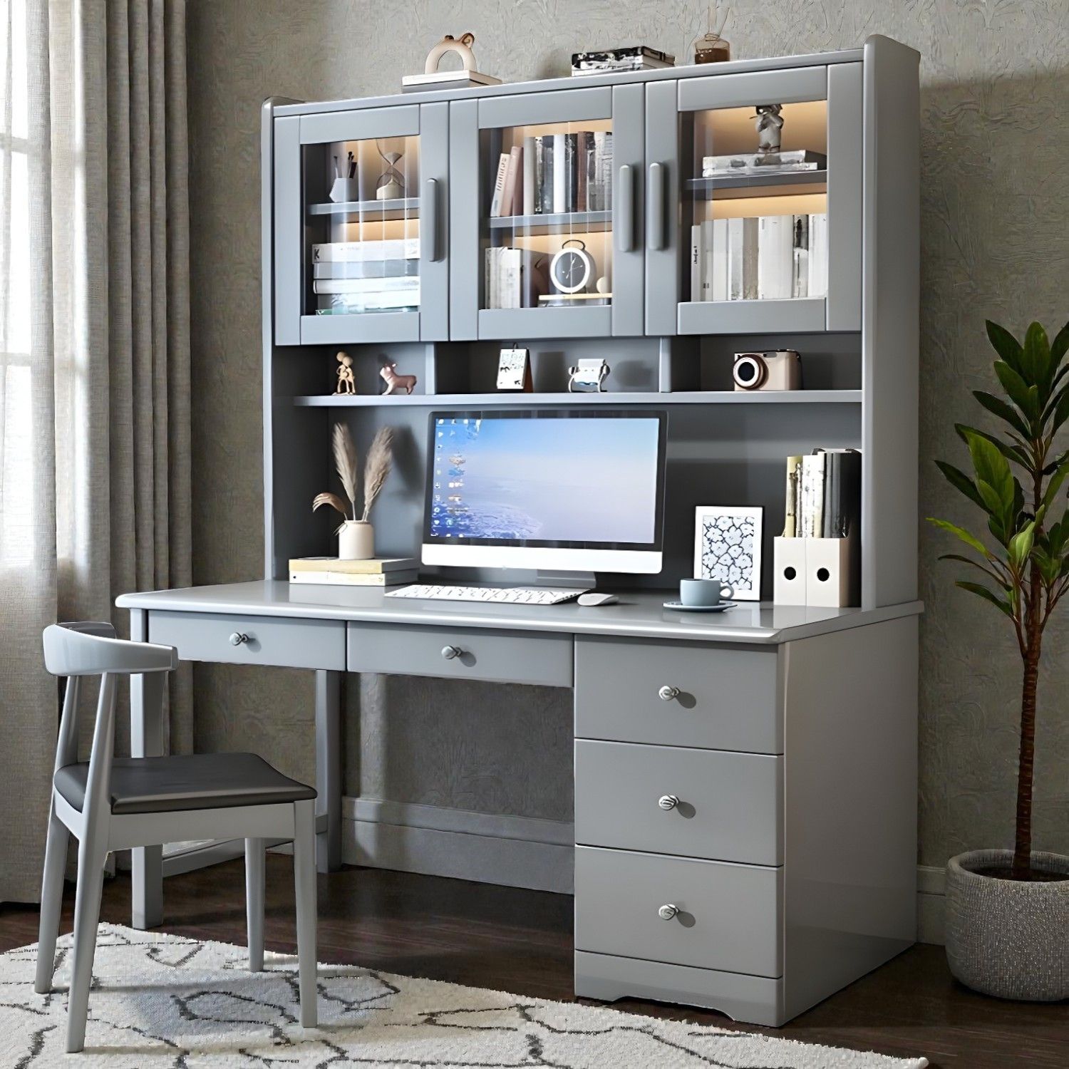 Transitional Solid Wood Computer Desk with Hutch, Glass Cabinets and 5 ...