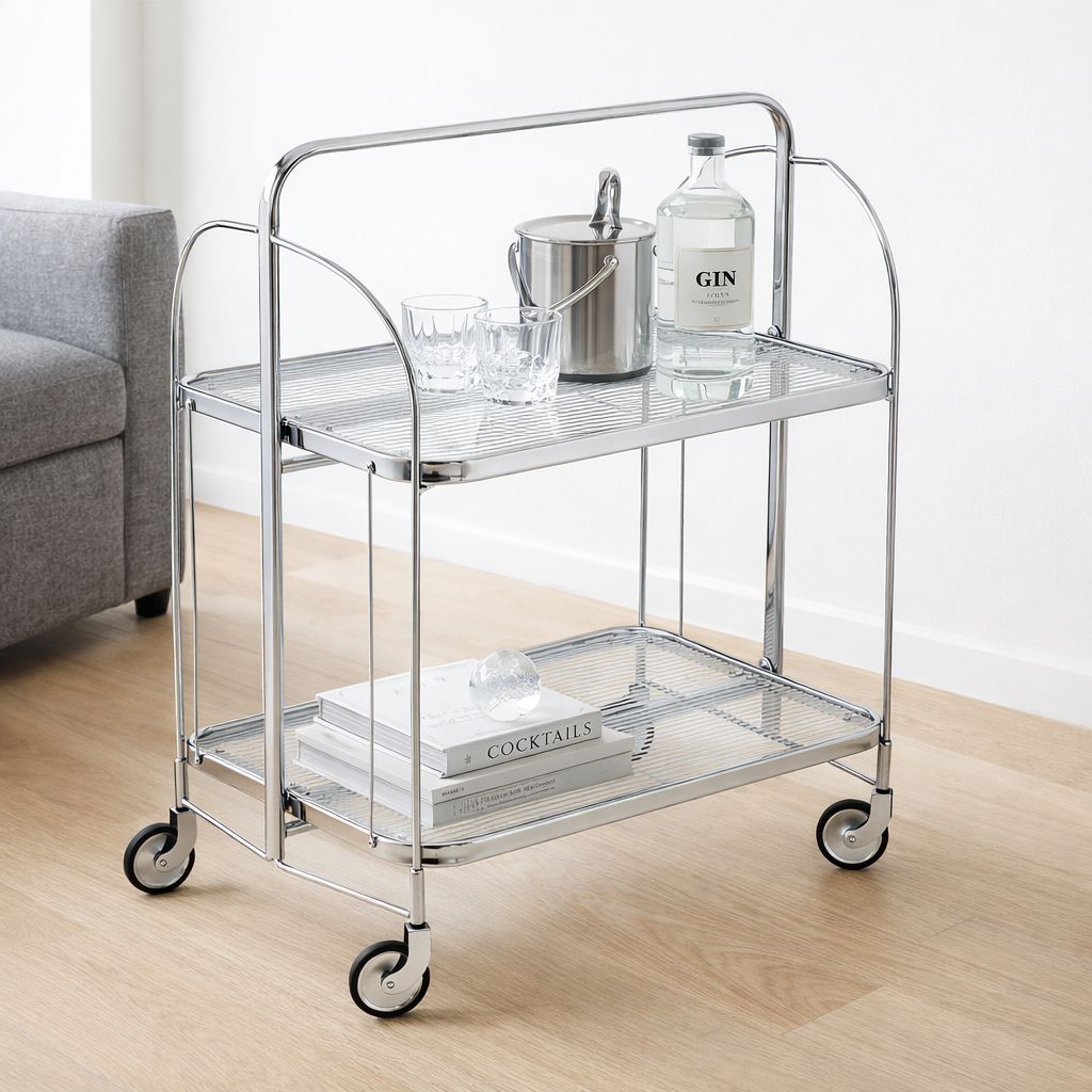 Sleek Folding Bar Cart with Rolling Casters, 2-Tier Serving Trolley ...