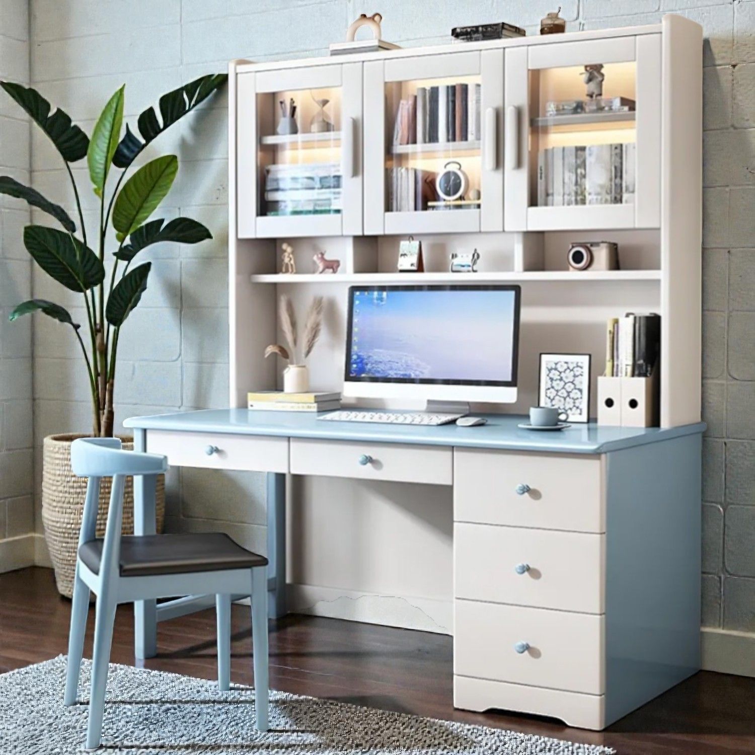 Safe Computer Desk Transitional Solid Wood Computer Desk with Hutch, Glass Cabinets and 5 ...
