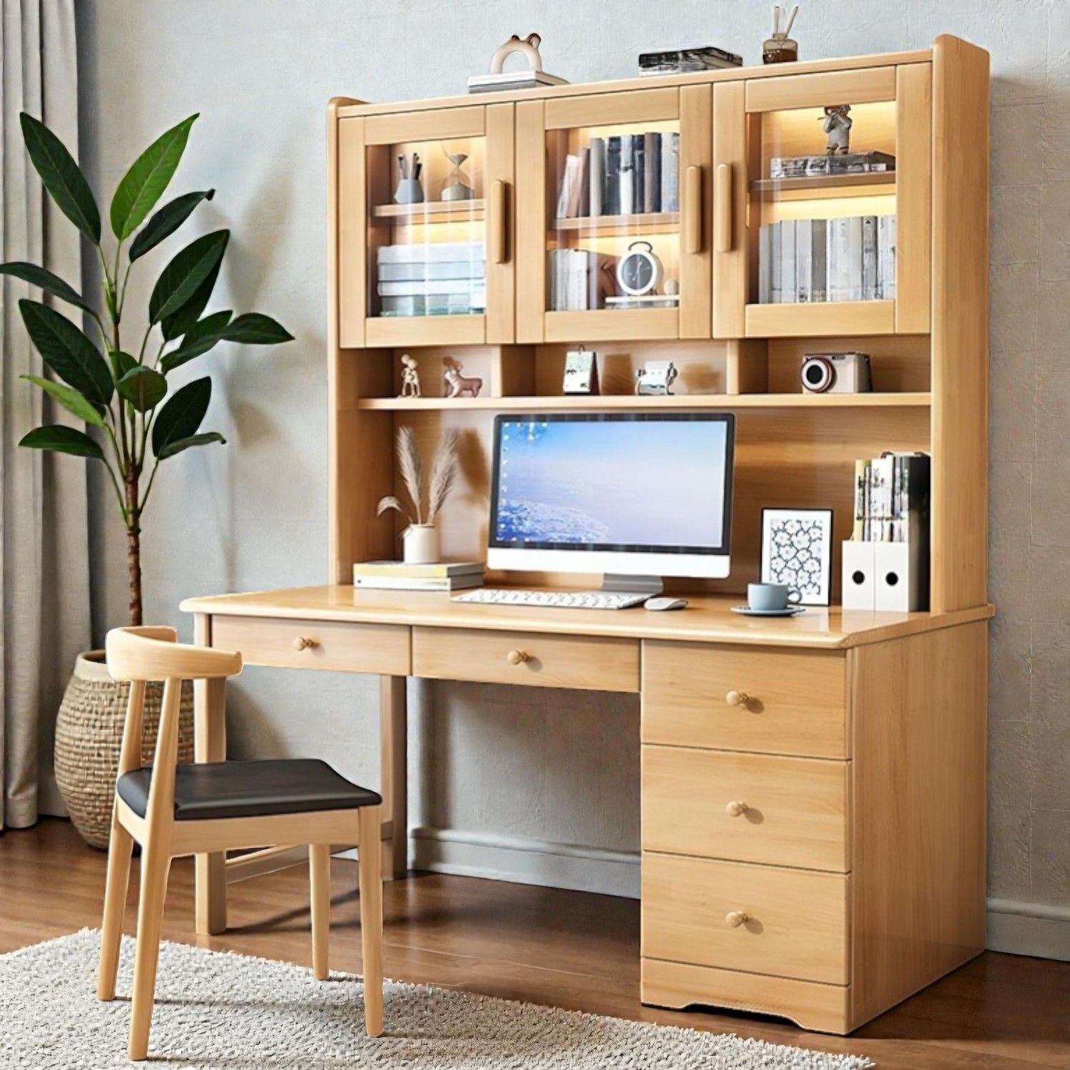 Transitional Solid Wood Computer Desk with Hutch, Glass Cabinets and 5 ...
