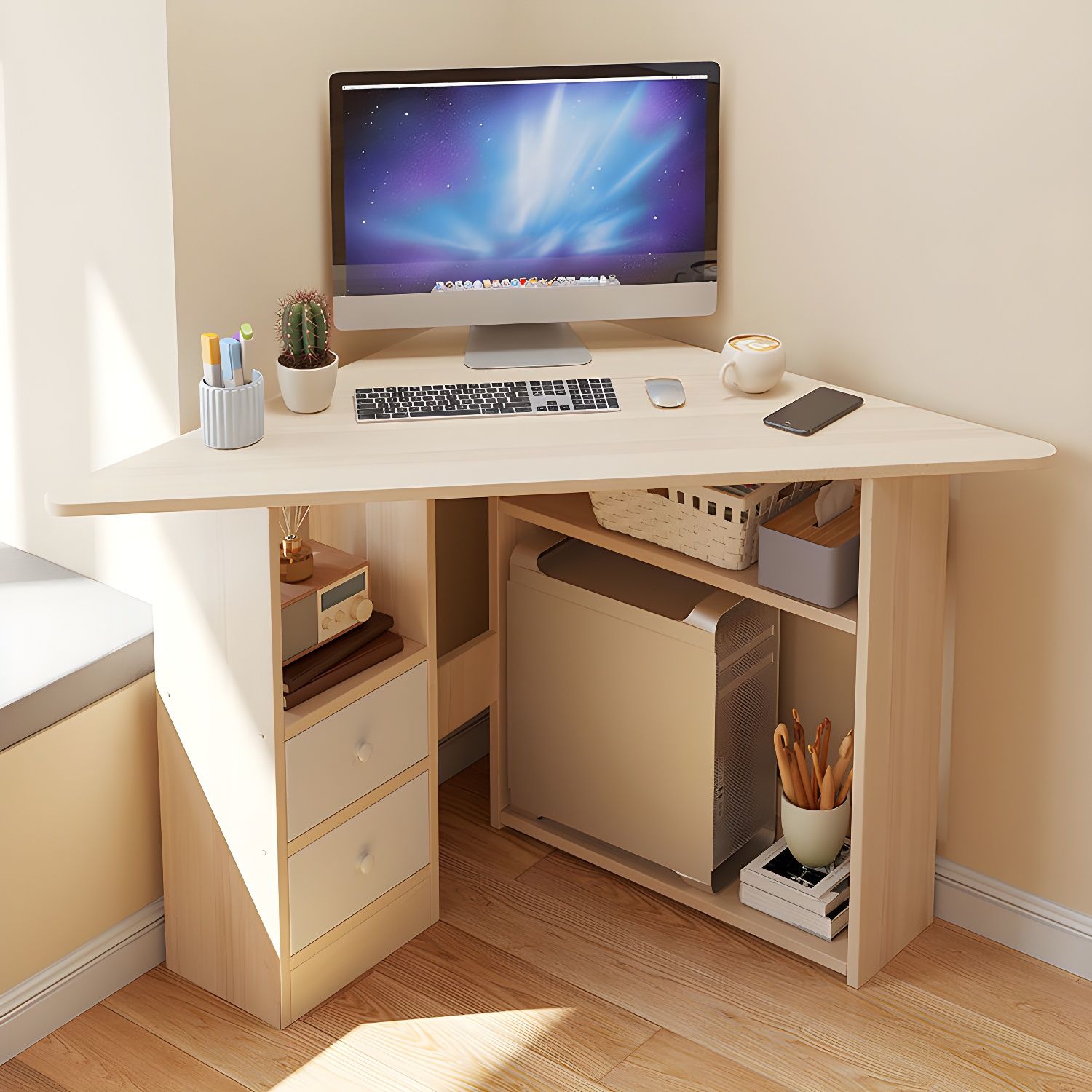 Minimalist Triangle Corner Desk with Built-in Storage Shelves and Cable ...