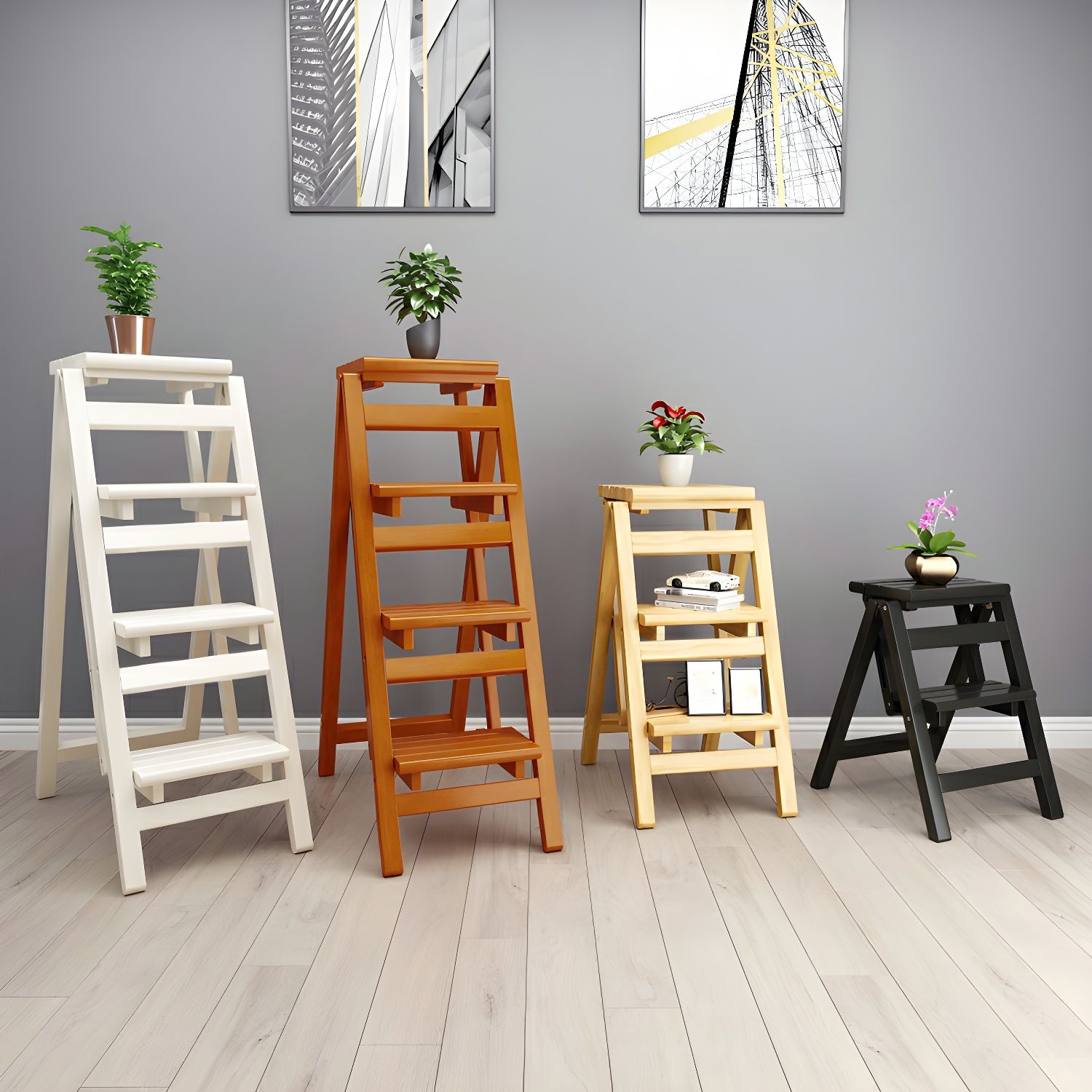 Rustic Solid Wood Folding Step Stool - Convertible 3-Tier Ladder Chair ...