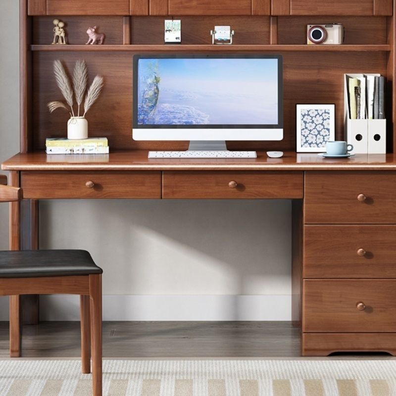 Transitional Solid Wood Computer Desk with Hutch, Glass Cabinets and 5 ...