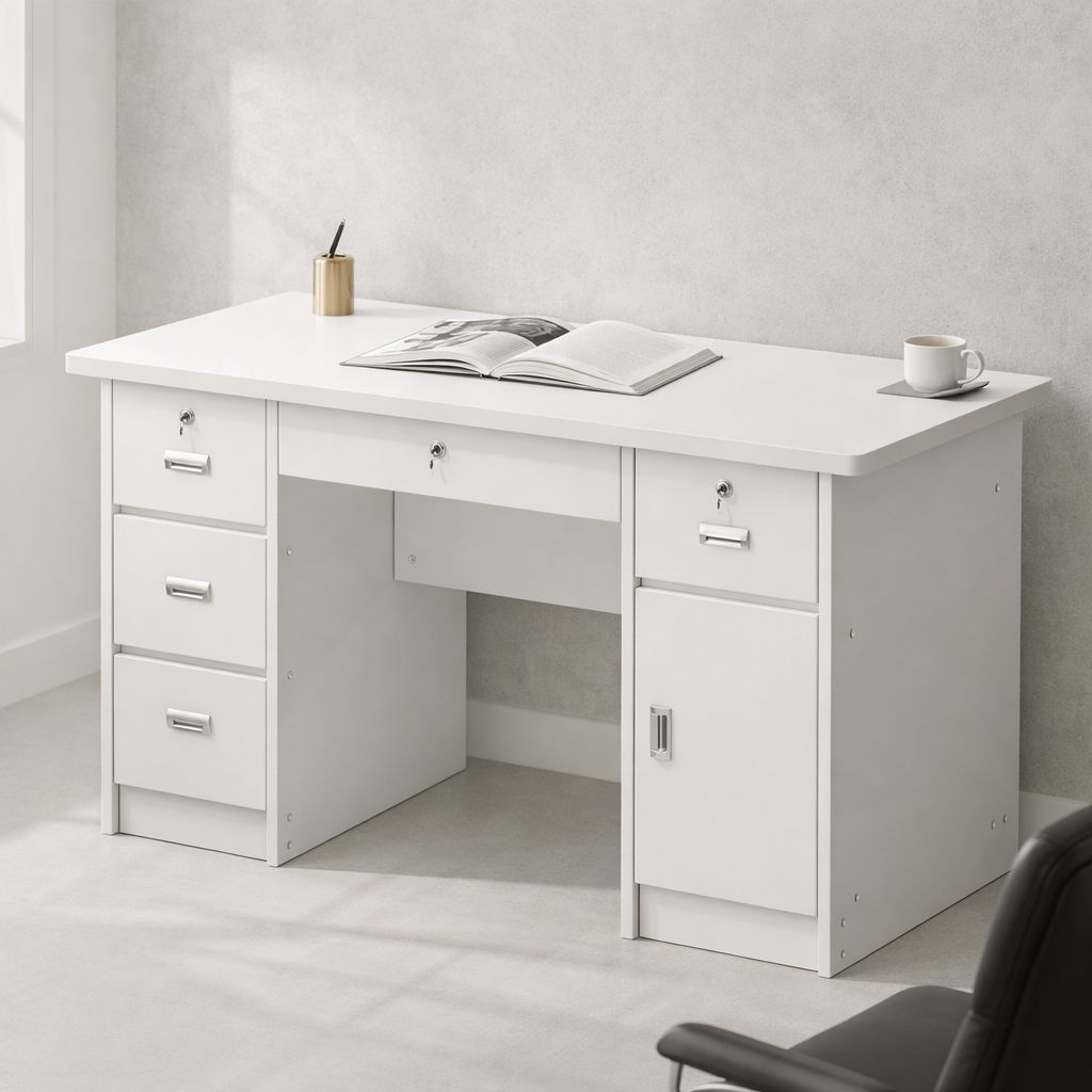 Minimalist Home Office Desk with Locking Storage Drawers and Cabinet ...