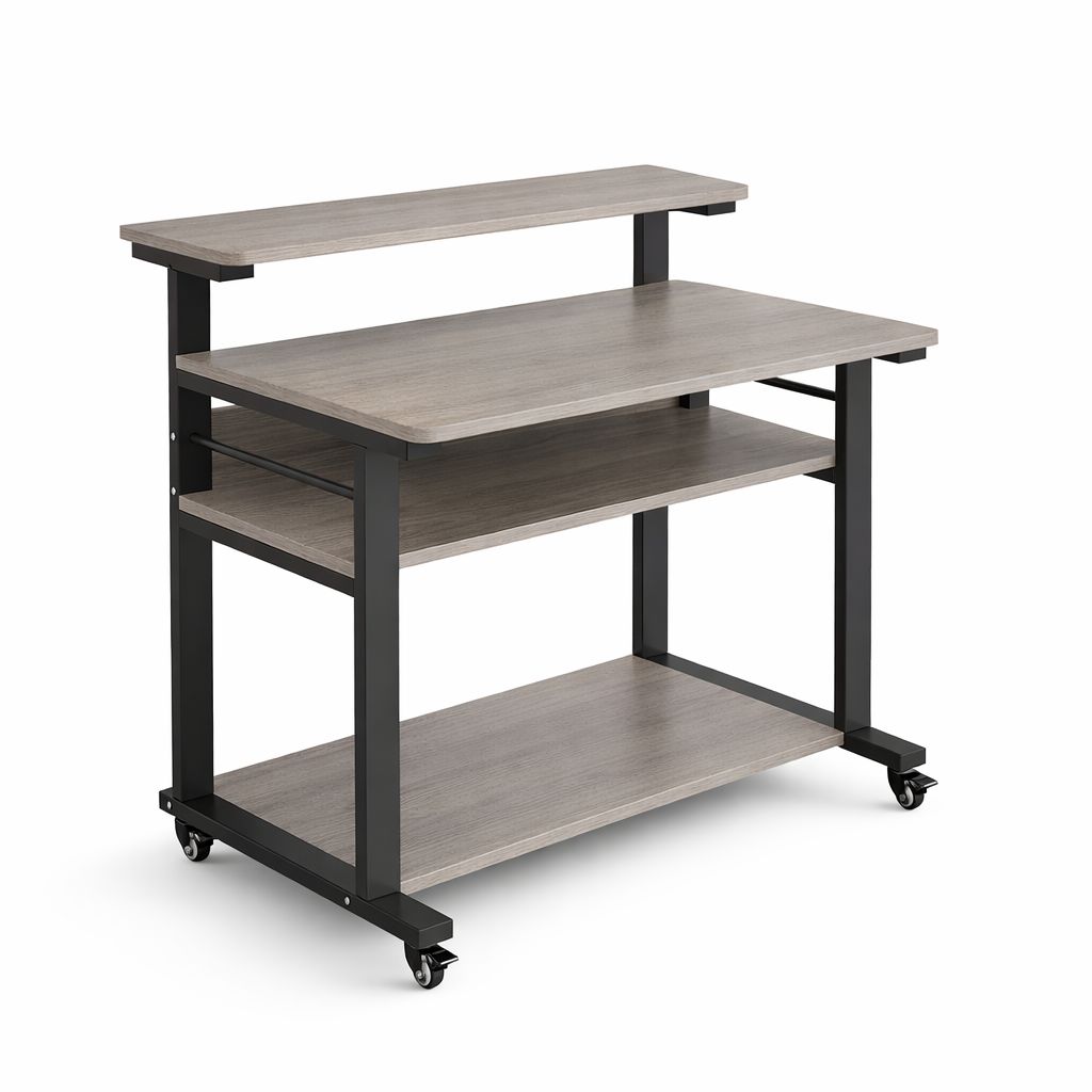Computer Desk With Riser Rail Industrial Mobile Computer Desk with Monitor Riser and Multi-Tier ...