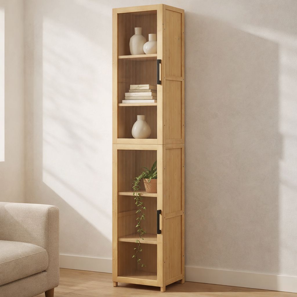 Minimalist Bamboo Tall Narrow Bookcase, Freestanding Slim Storage Tower ...