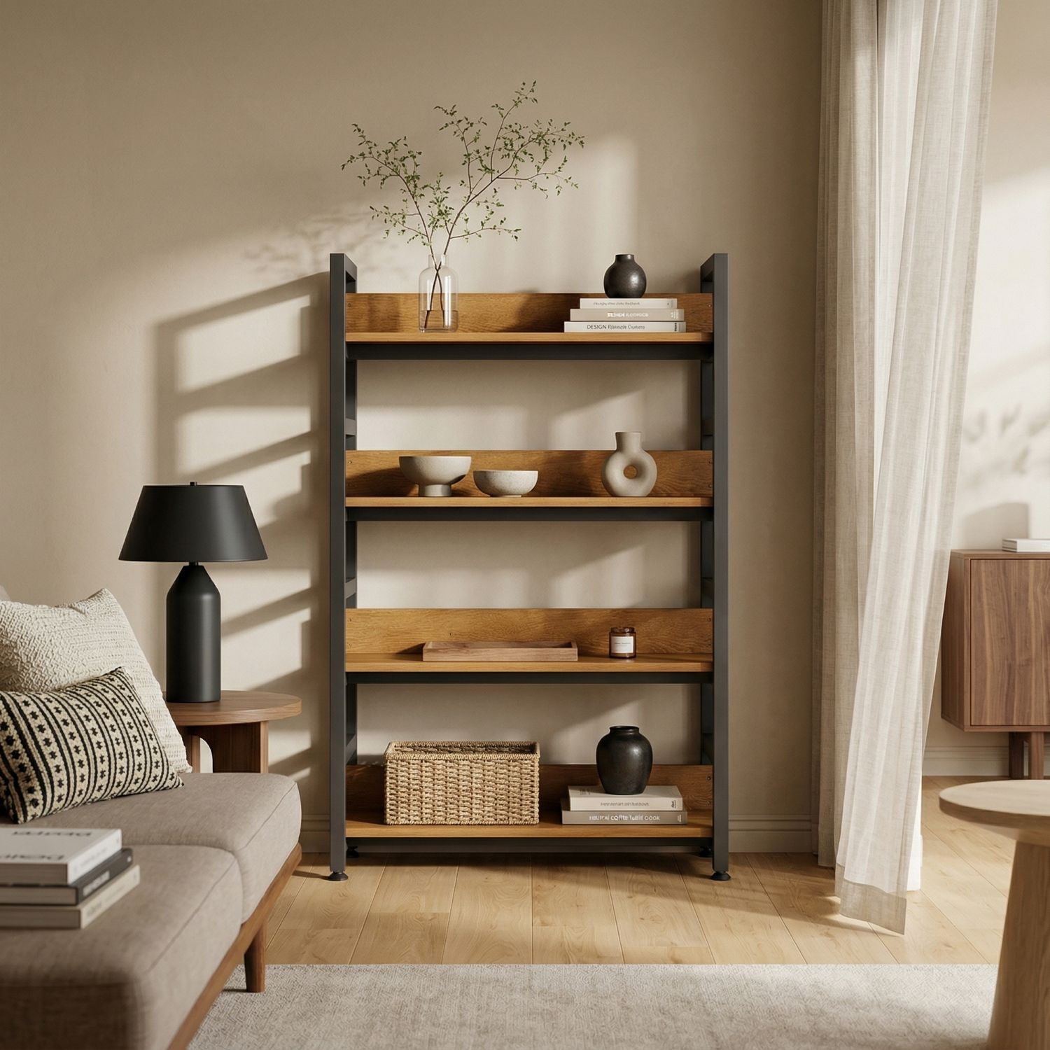 Industrial Steel Frame Bookshelf with Adjustable Open Storage and ...