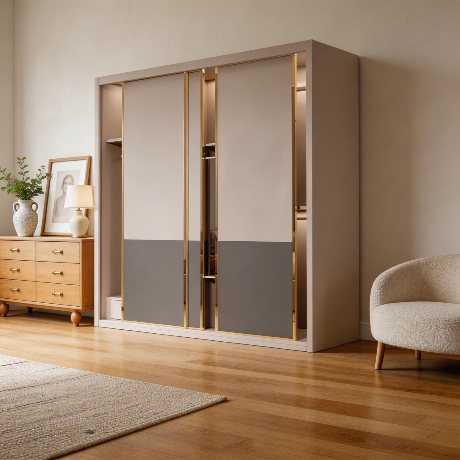 Contemporary Sliding Door Armoire Wardrobe with Fluted Glass Accent