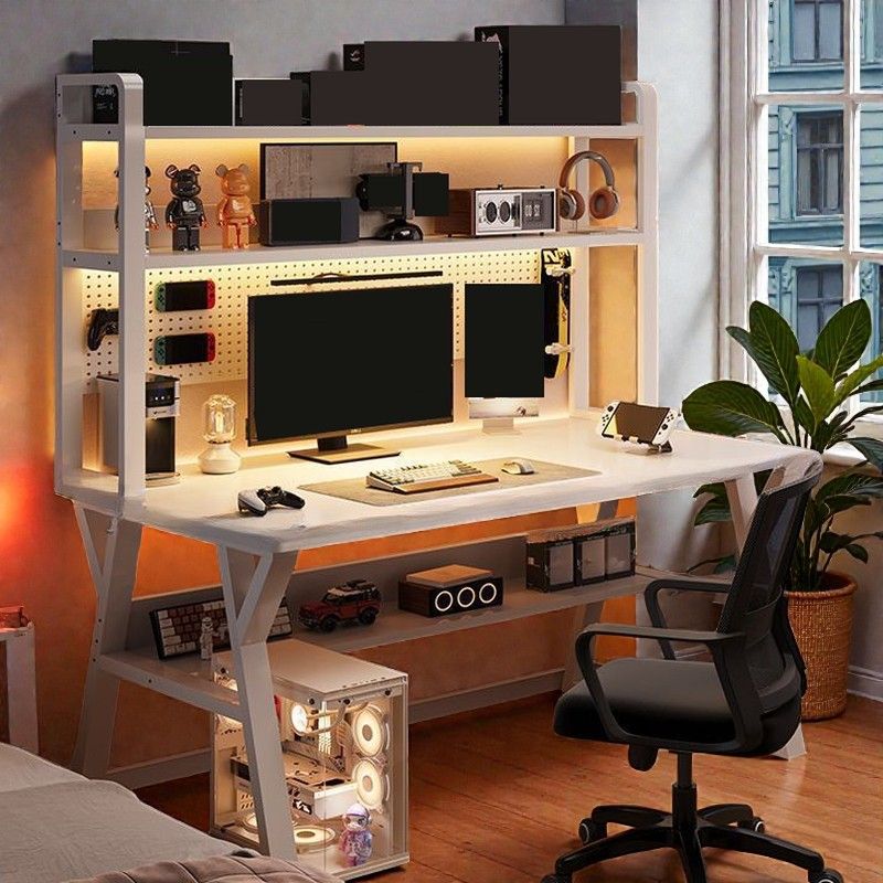 Industrial Computer Desk with Hutch and Pegboard, Space-Saving ...