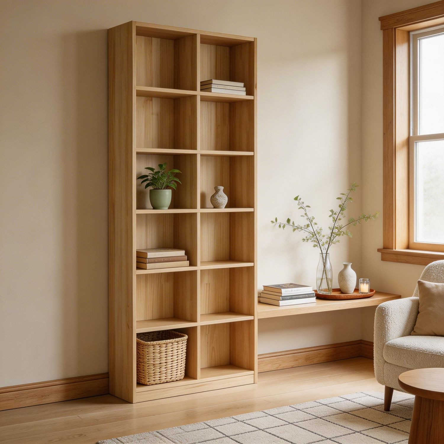 Scandinavian Solid Pine Tall Bookcase, Floor-Standing Library Wall Unit ...