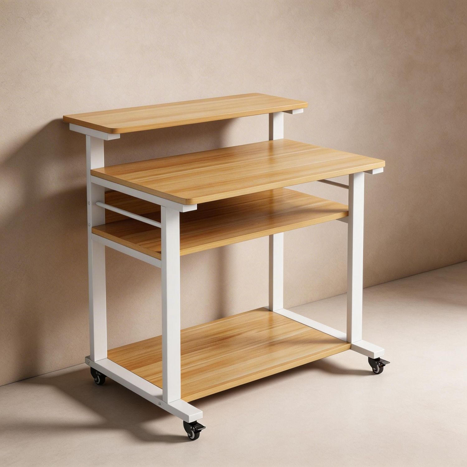 Computer Desk With Riser Rail Industrial Mobile Computer Desk with Monitor Riser and Multi-Tier ...