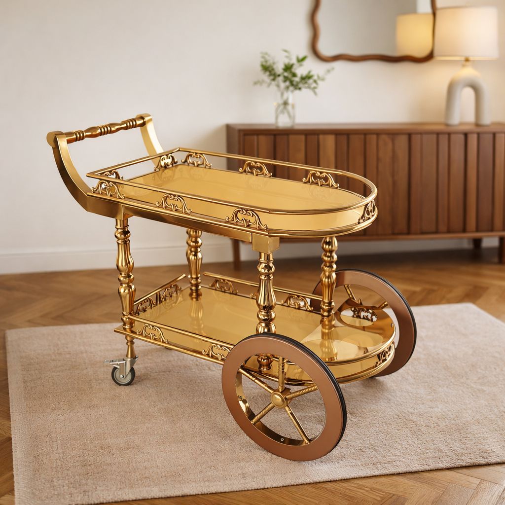 Vintage Luxe Rolling Bar Cart, 2-Tier Oval Serving Trolley with Wine ...