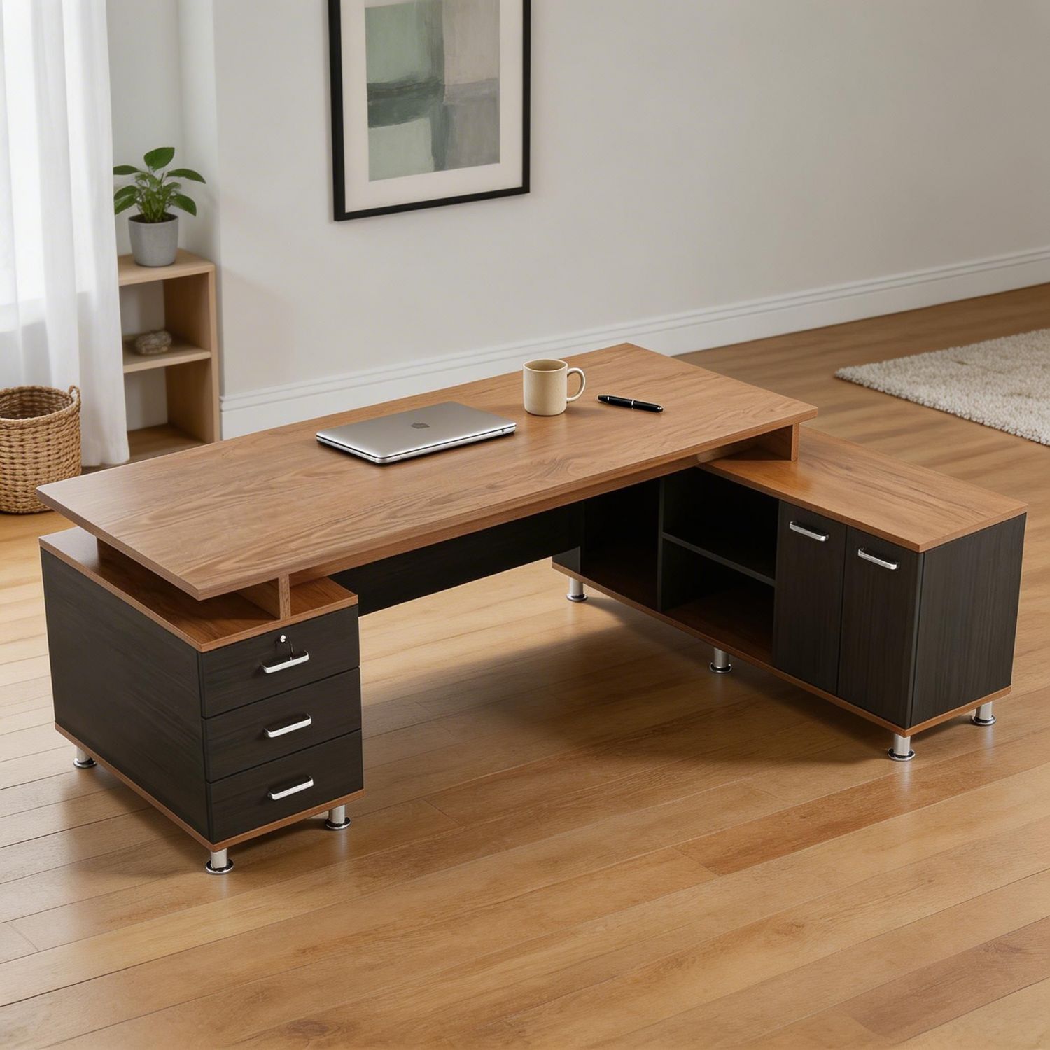 Industrial Executive L-Shaped Desk with Locking Side Cabinet and ...
