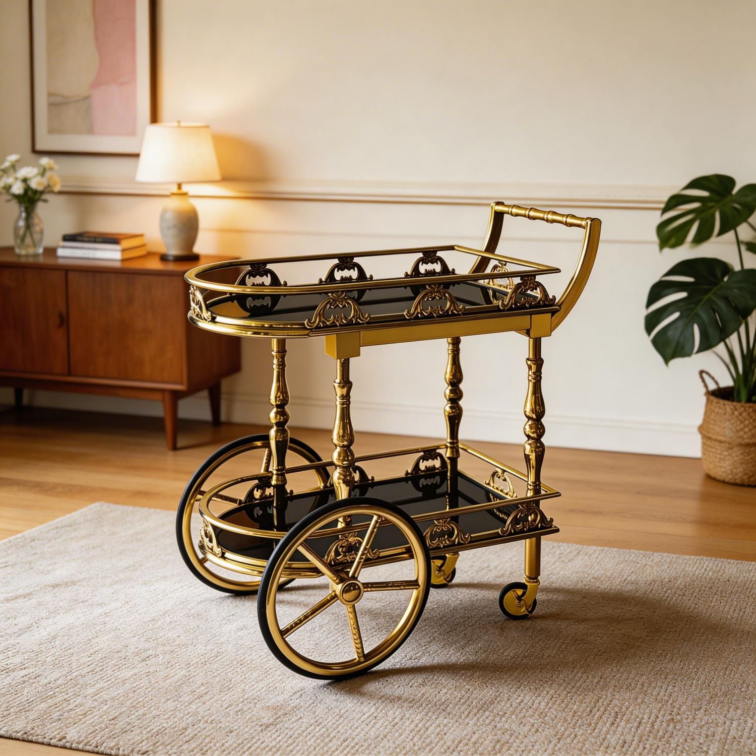 Vintage Luxe Rolling Bar Cart, 2-Tier Oval Serving Trolley with Wine ...