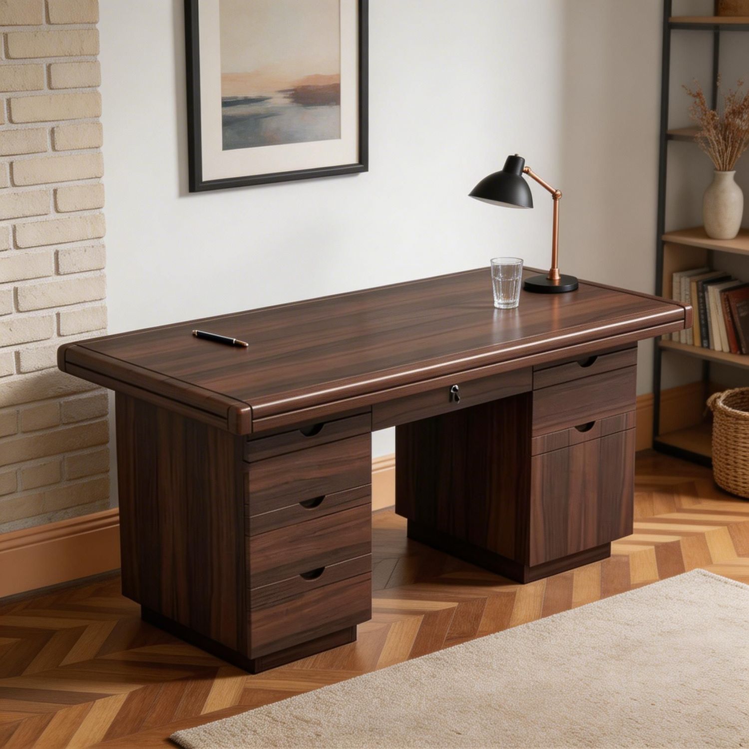 Executive Office Desk with Central Locking Drawers and Slide-Out ...