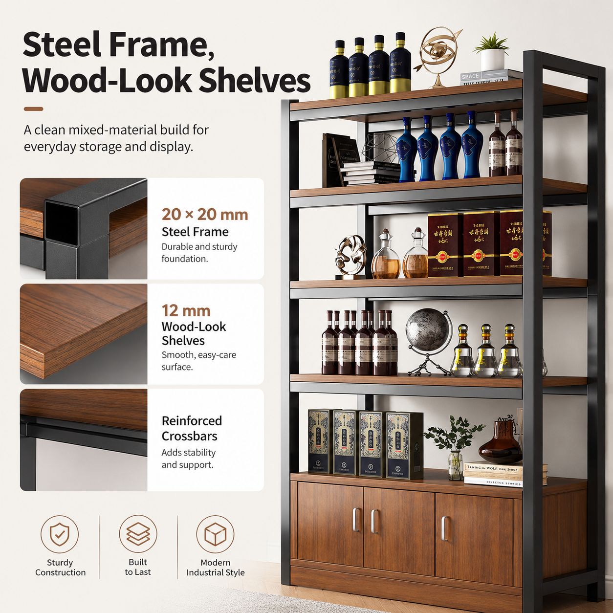 Industrial Storage Bookshelf with Cabinet and Open Display Rack - Light ...