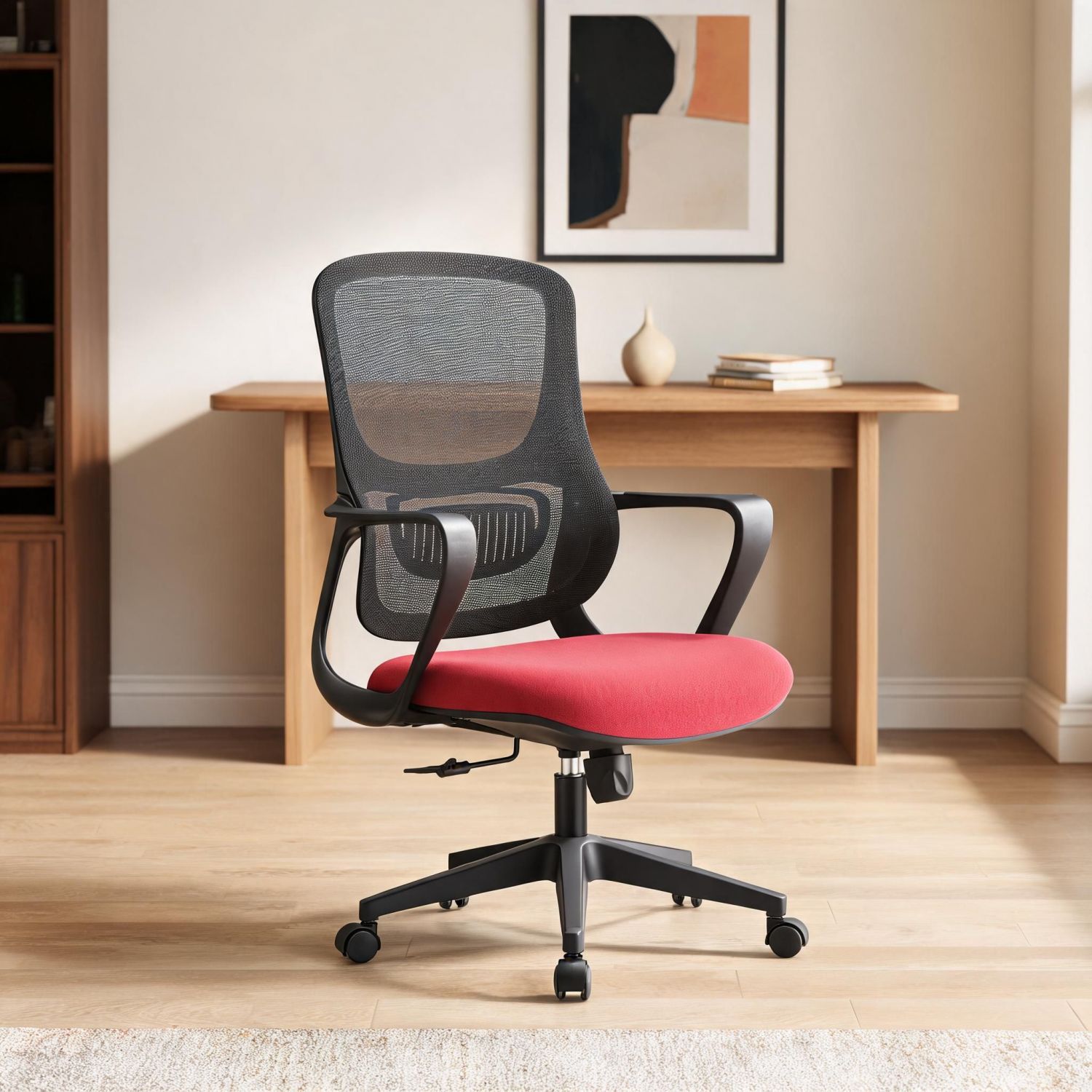 Fixed Tree Stand Red Seat Mesh Office Visitor Chair with Black Frame, Fixed Armrests ...