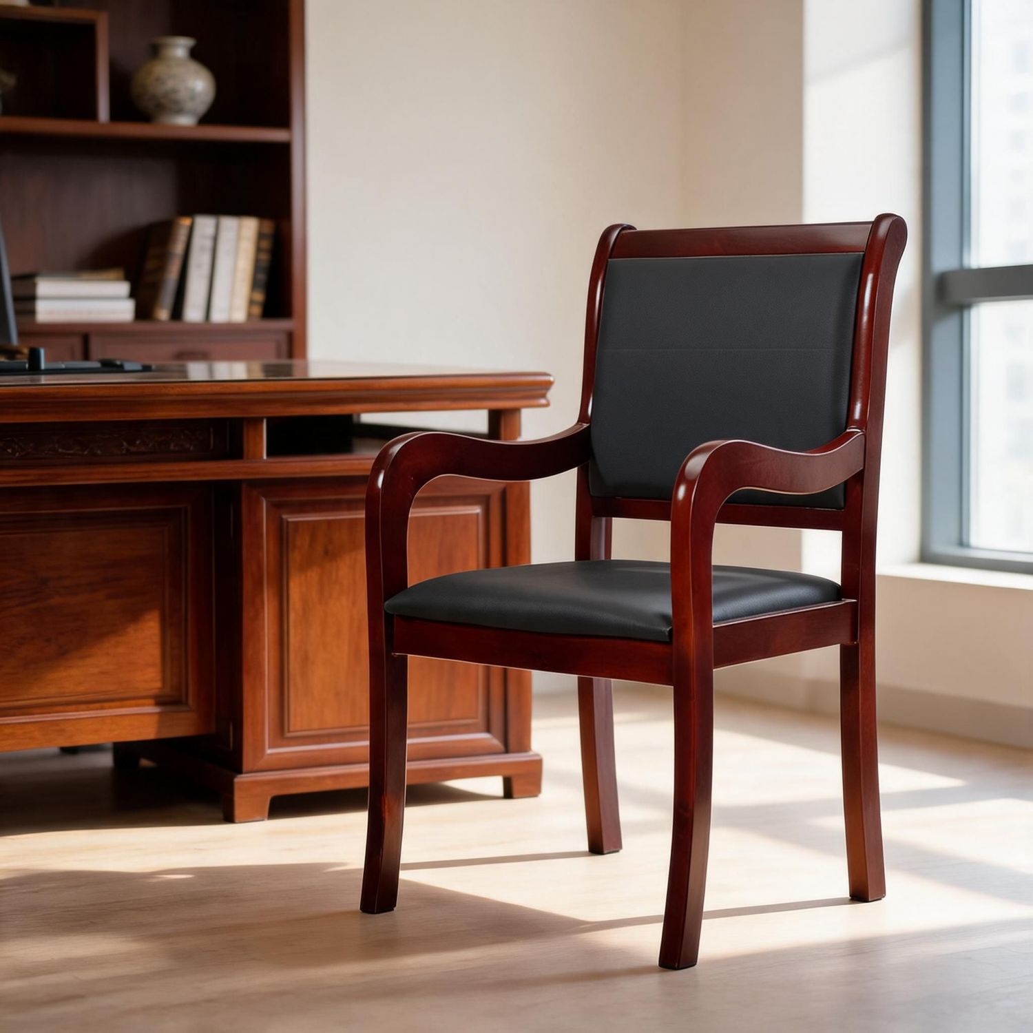 Fixed Tree Stand Black Upholstered Visitor Chair with Dark Reddish-Brown Wood Frame ...